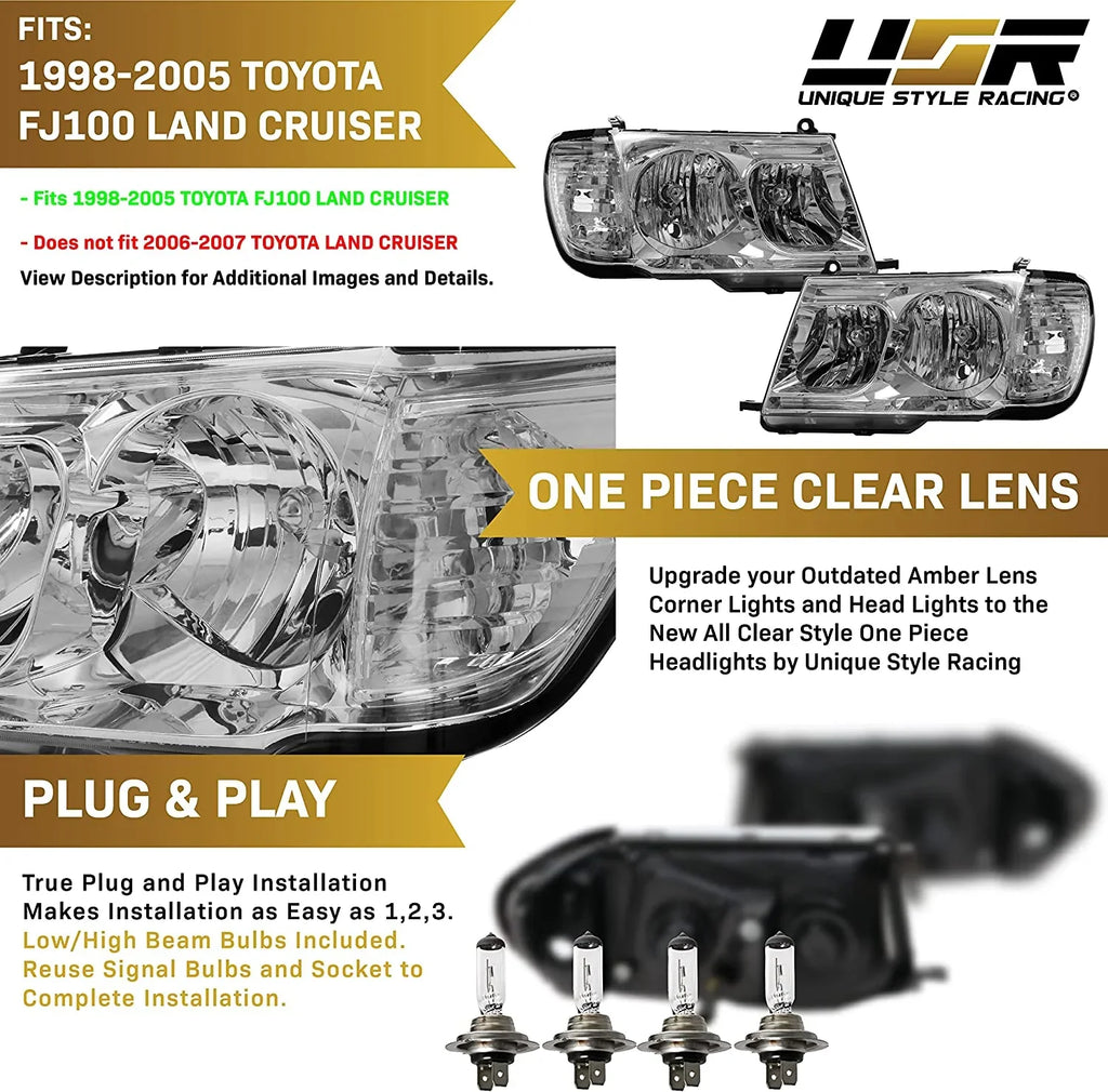 Headlights - Headlamps Set (Left + Right) Compatible with 1998-2005 Toyota Land Cruiser  100 (Euro Style with Clear Corner  Piece Design)