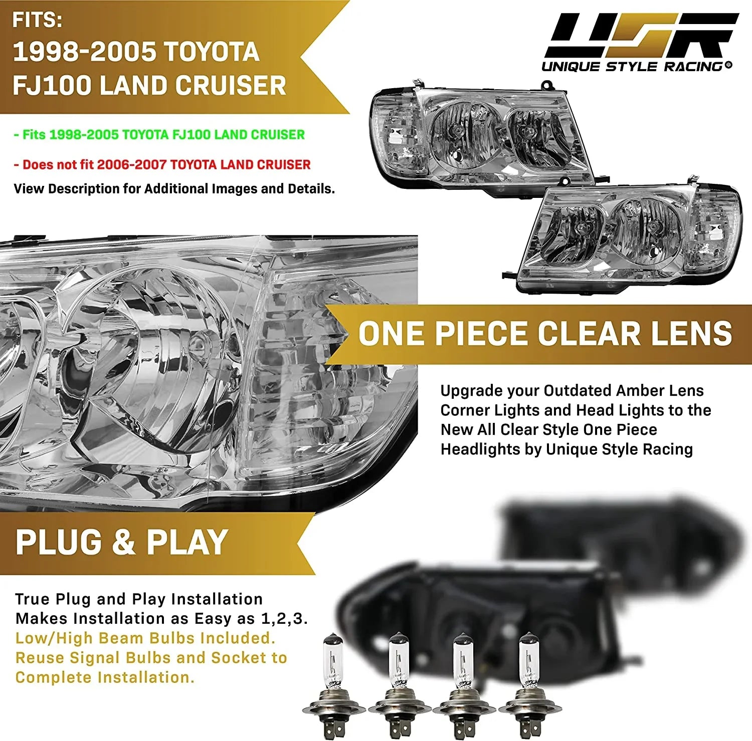 Headlights - Headlamps Set (Left + Right) Compatible with 1998-2005 Toyota Land Cruiser  100 (Euro Style with Clear Corner  Piece Design)