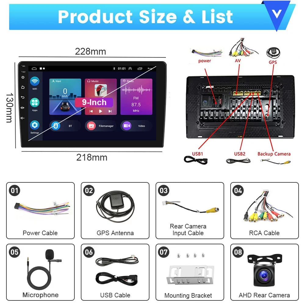 Podofo 2+64G Universal 9'' Double Din Car Stereo Radio Wireless Carplay Android Auto Mirror Link Touch Screen 1080P Car Multimedia Player Bluetooth    , Microphone& Backup Camera
