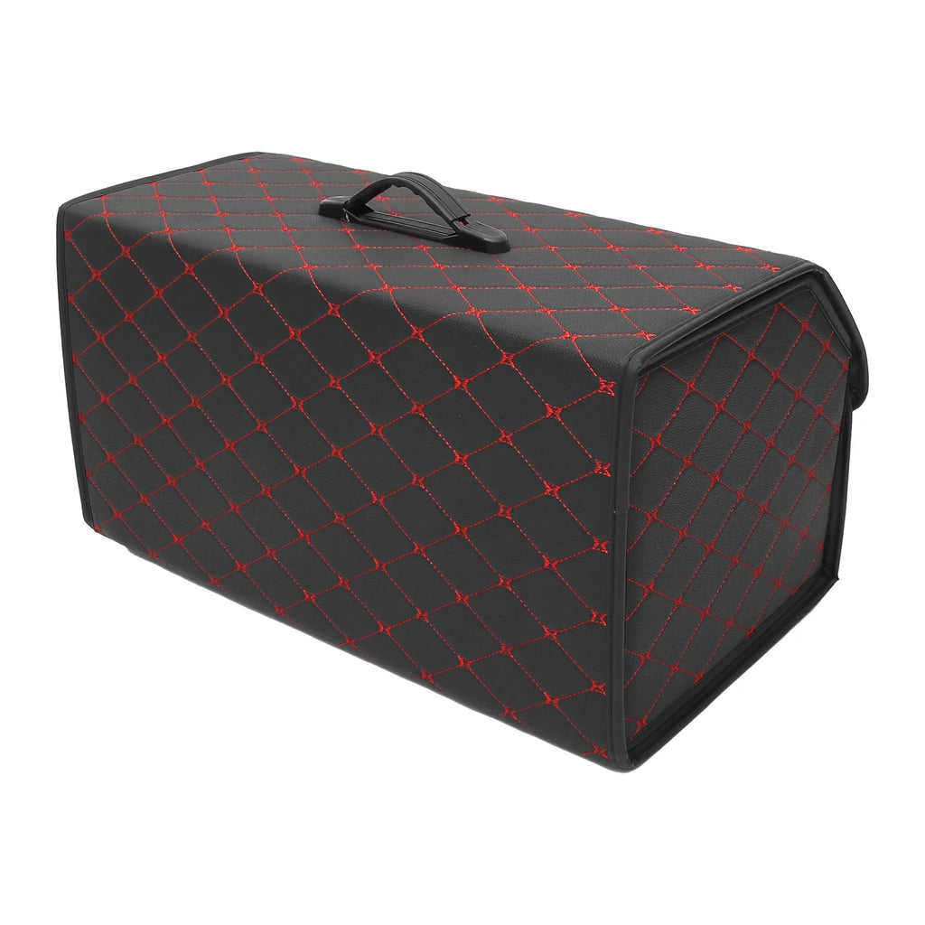 54x31x29cm Black  Leather Car Storage Bag Trunk Organiser Foldable Boot Bag with Handle for Truck  Red Stitches