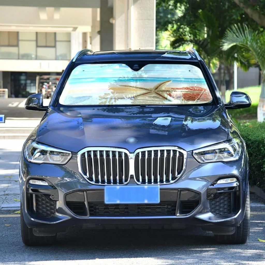 Bestwell Tropical Beach Car Windshield Sun Shade,oldable Visor Protector Sunshade Blocks  Rays and Accessories to Protect for Cars,SUVs,Trucks-55×27.6in