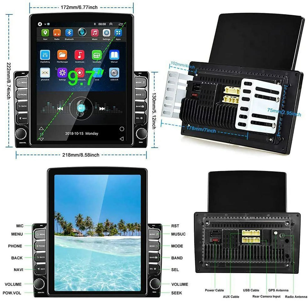 KingFurt Universal Car Stereo 9.7" Touch Screen Bluetooth Music  Radio  Navigation Reversing Camera Input