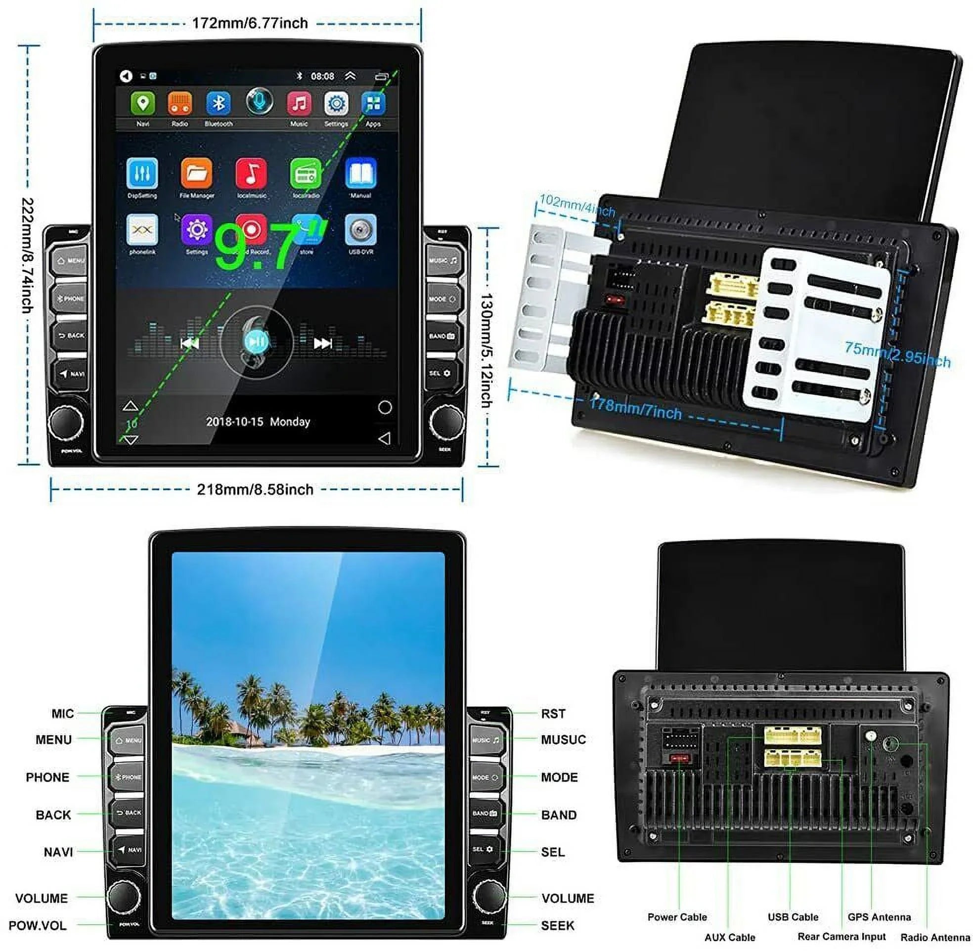 KingFurt Universal Car Stereo 9.7" Touch Screen Bluetooth Music  Radio  Navigation Reversing Camera Input