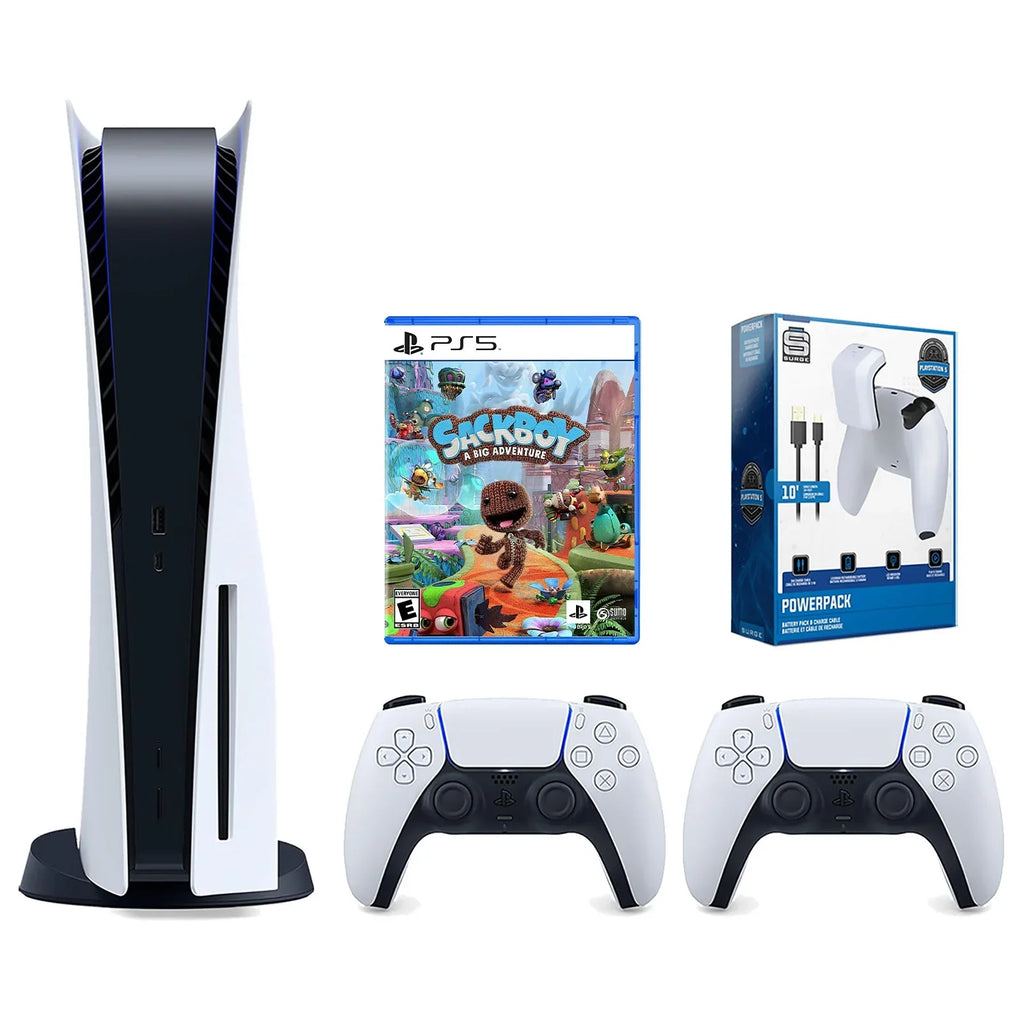 Sony Playstation 5 Disc Version Console with Extra White Controller, Surge PowerPack Battery Pack & Charge Cable and Sackboy:  Big Adventure Bundle