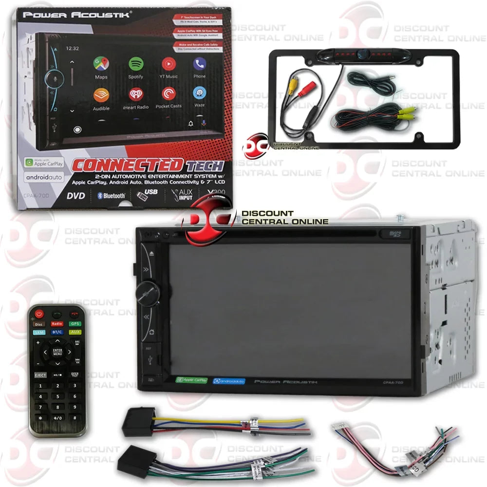 Power Acoustik -70D 2-din 7" Dvd Cd Stereo Bluetooth / Apple Carplay & Android Auto with DiscountCentralOnline  Full License plate Night vision Waterproof back-up camera
