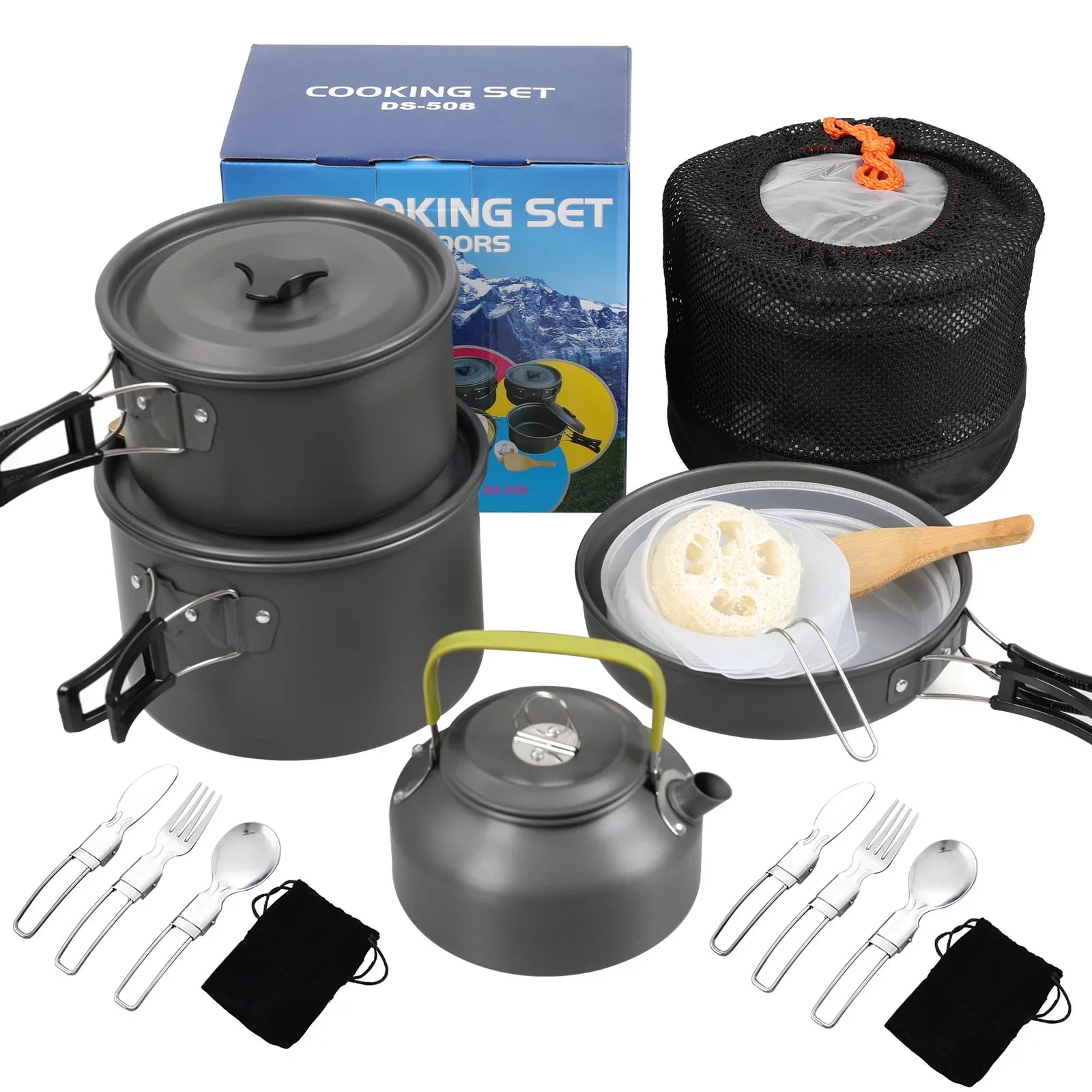 moobody Camping Cookware Mess Kit Non-Stick Pot and Pan Set with Kettle for Camping Hiking Backpacking