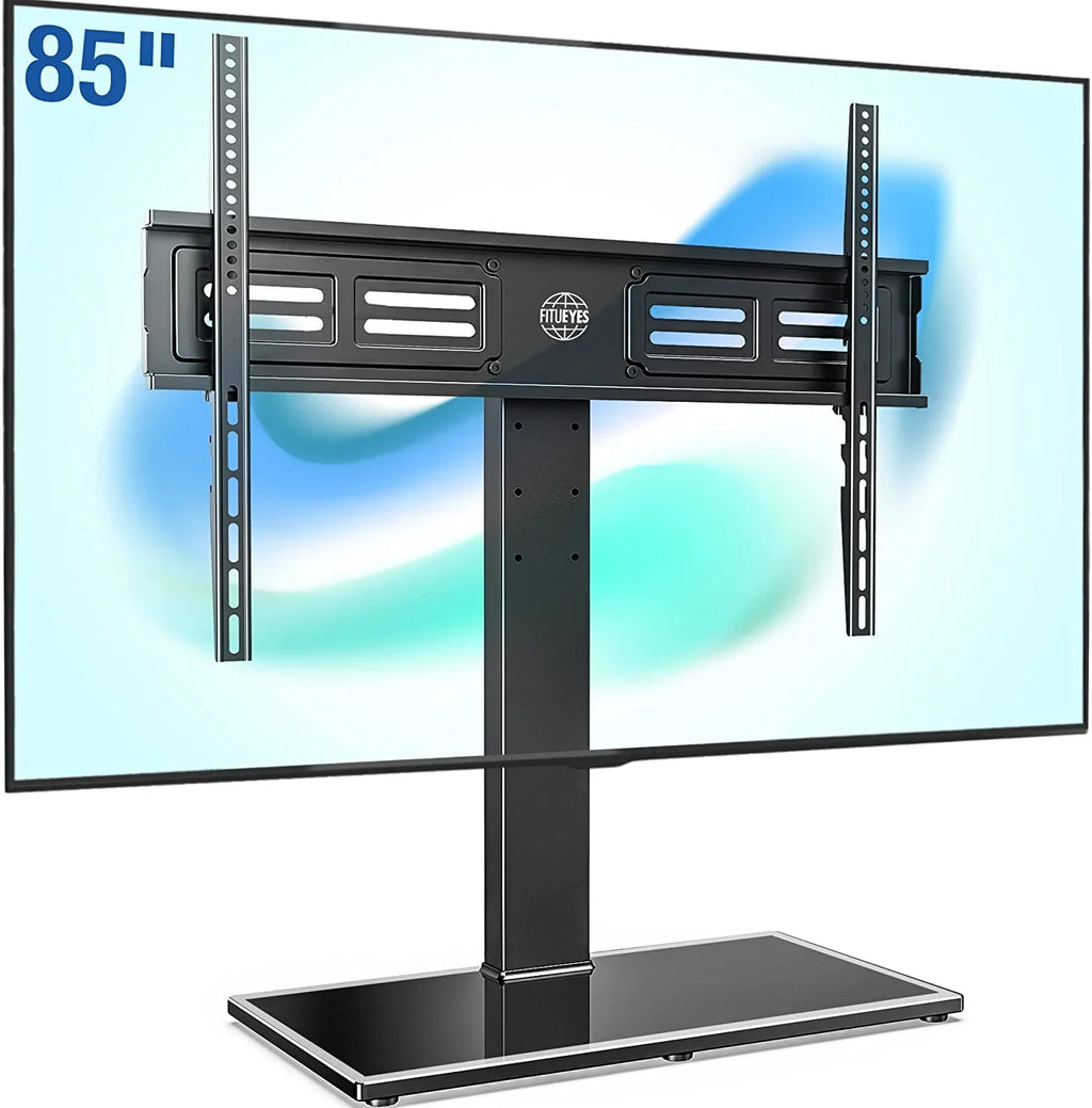 Universal  Stand/Base Swivel Tabletop  Stand with Mount for 50 to 85 inch Flat Screen  100 Degree Swivel  4 Level Height Adjustable Tempered Glass Base Holds up to 143 lb