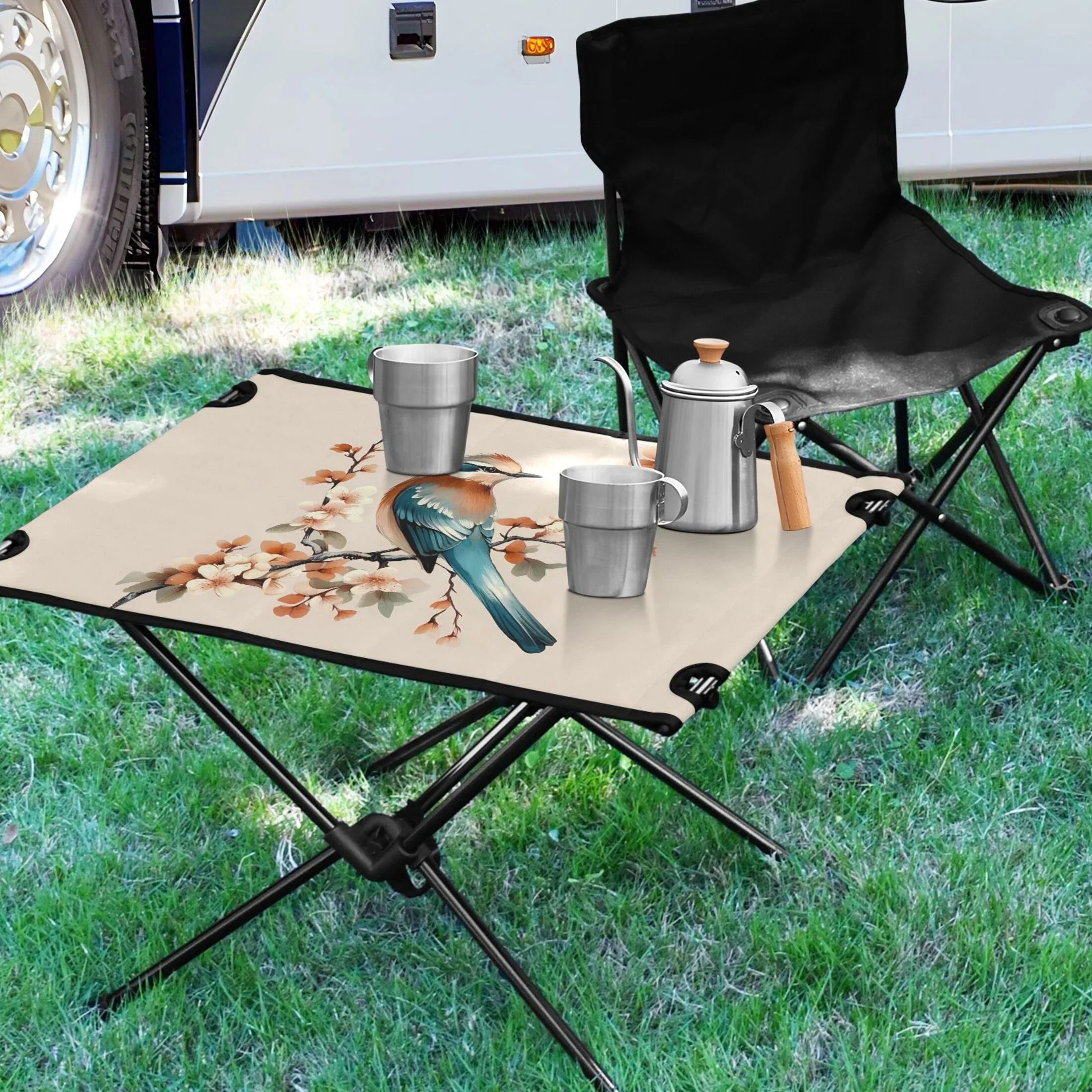 Birds on Flower Branches Camping Folding Table Portable Beach Table with Storage Bag Compact Picnic Table for Outdoor Travel Fishing