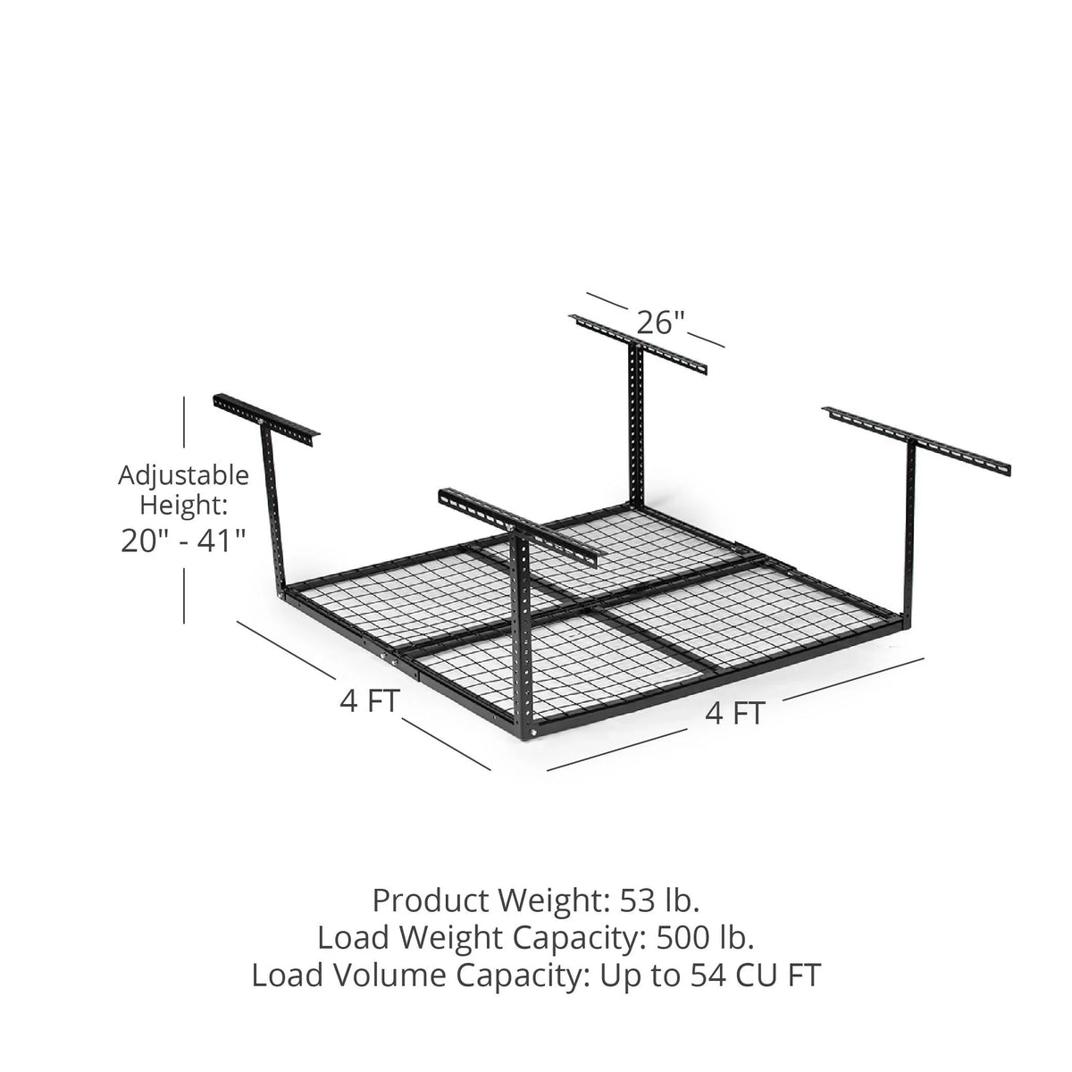Titan Attachments 4' x 4' Overhead Garage Storage Rack, 20" to 41" Adjustable Height, Ceiling Mount Organization System, Metal Wire Grid with 500  Loading Capacity, Storage for Bikes Equipment Bins