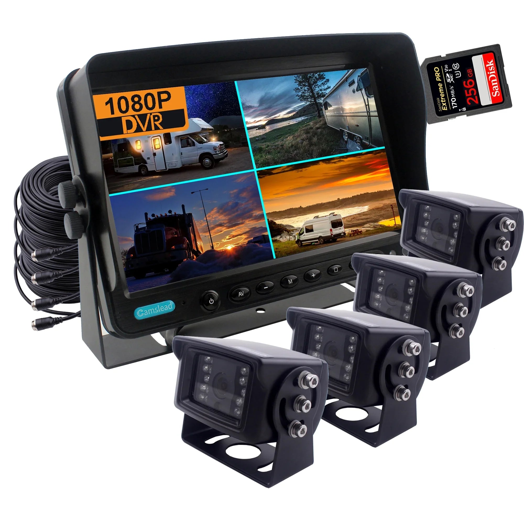 9 inch Monitor 1080P Rear View Camera System,  Recorder, Support 256GB  Card, 4 Channel Input, Quad Split Screen, 1080P Backup Camera for Trucks, Trailers, motorhomes, Caravans,
