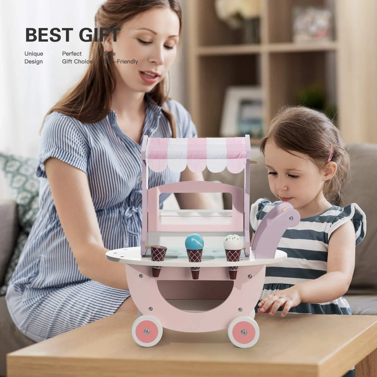 Wooden Ice Cream Cart Toys for Kids, Toddlers Pretend Play Food Truck, Gift for Girls and Boys 3 Years & Up