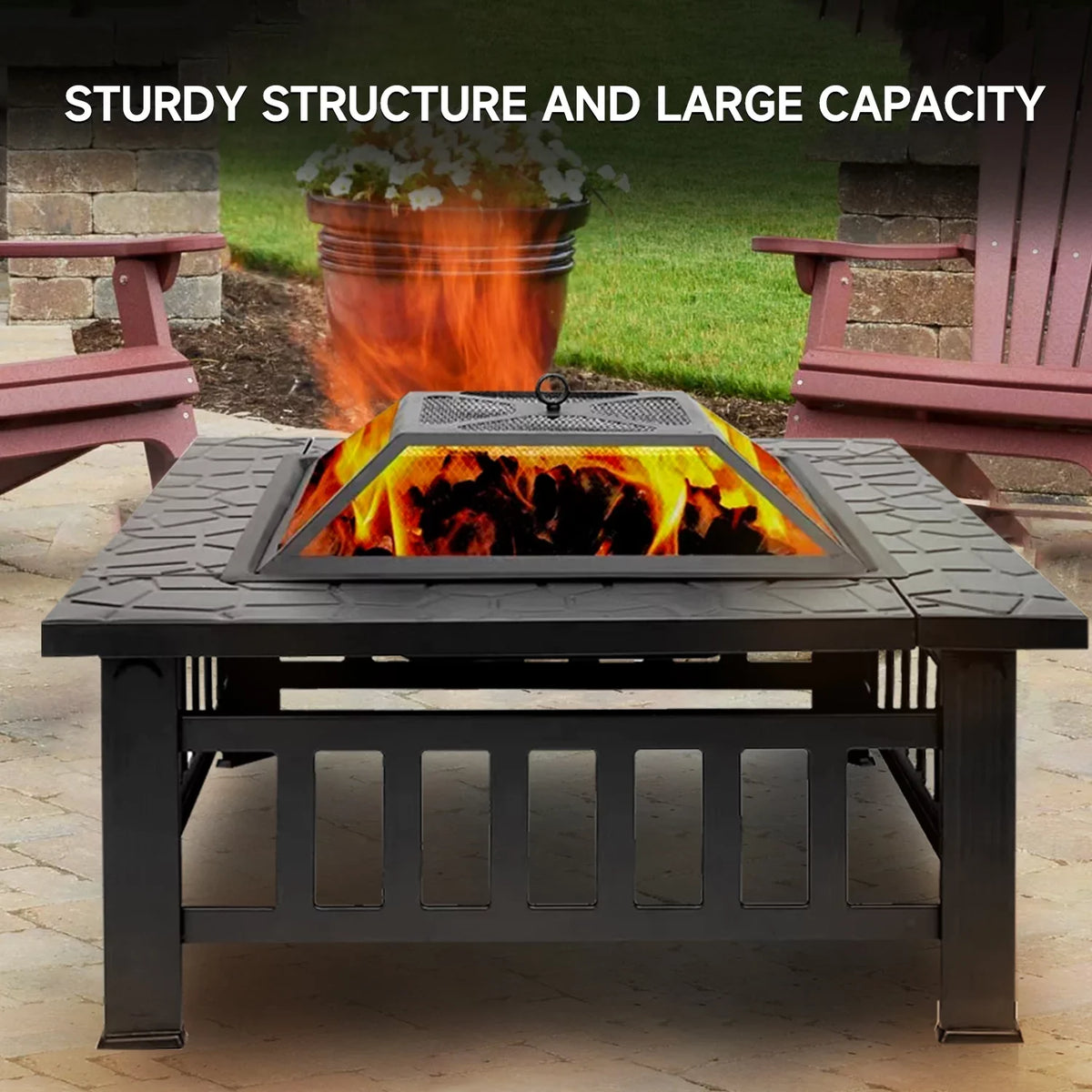 Games & Sports Expert 32" Heavy Duty Square Patio Wood Fire Pit Table with Spark Screen Cover, Log Grate, Waterproof Cover and Fire Poker for Outdoor Backyard, Garden, Bonfire