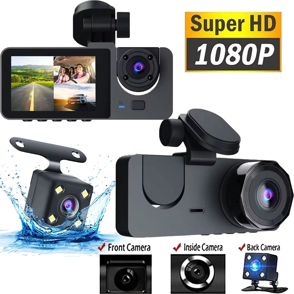 Hanru 1080P 3 Channel Front Rear Inside Dash Cam, Dash Camera,  Backup Cam for Cars, Three Way Triple Car Driving Recorder, 170°, Night Vision, Loop Recording, -Sensor, Parking Monitor,