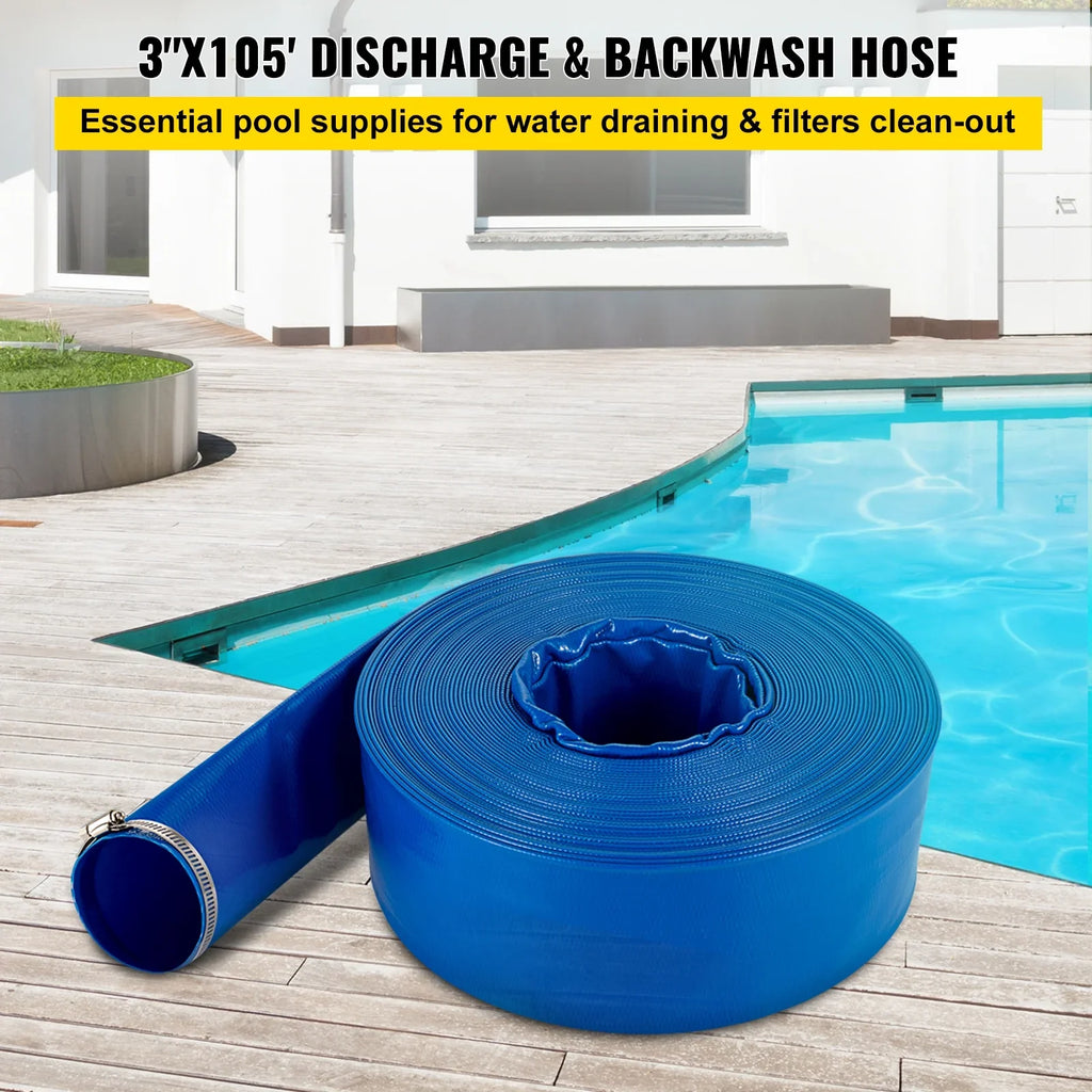 Discharge Hose, 3" x 105',  Fabric Lay Flat Hose, Heavy Duty Backwash Drain Hose with Clamps, Weather-proof & Burst-proof, Ideal for Swimming Pool & Water Transfer, Blue