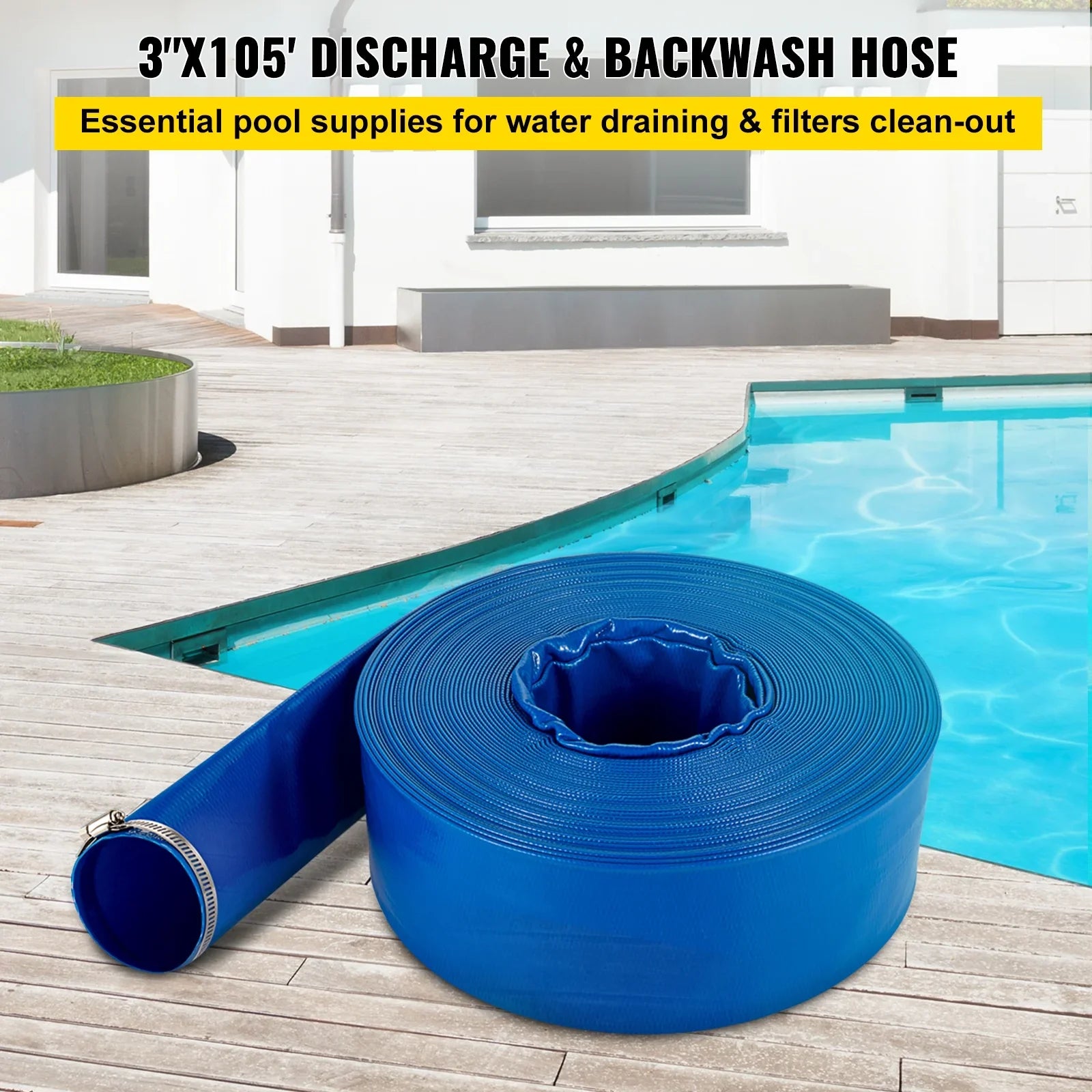 Discharge Hose, 3" x 105',  Fabric Lay Flat Hose, Heavy Duty Backwash Drain Hose with Clamps, Weather-proof & Burst-proof, Ideal for Swimming Pool & Water Transfer, Blue