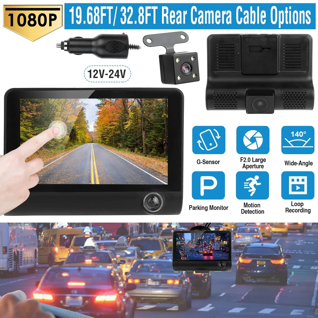 iMounTEK Car Recorder,  1080P 4in Touch Screen Car  Dash Camera 3 Lens Vehicle Driving Recorder Seamless Loop Recording with 32.8ft Rear Camera Wire, Black