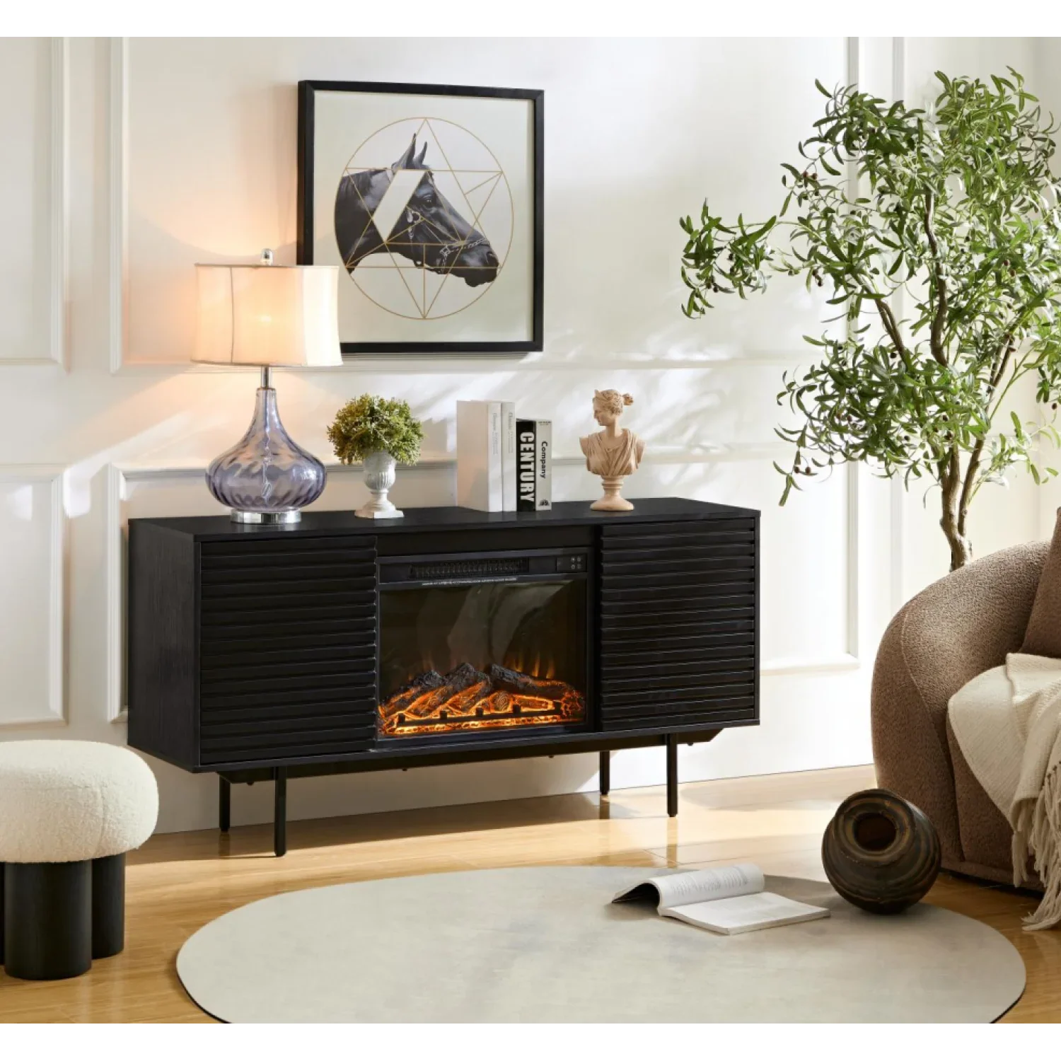DeeHome  The whole cabinet is made of black oak board, the middle layer board on both sides of the cabinet can be adjusted, the furnace is embedded in the middle grid with the remote control