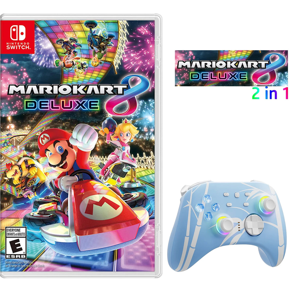Mario Kart 8 Deluxe Game Disc and Upgraded Switch Pro Controller for Nintendo Switch///Android/Steam with Hall Effect Joysticks Triggers Pink, 2 Pairs of Joysticks