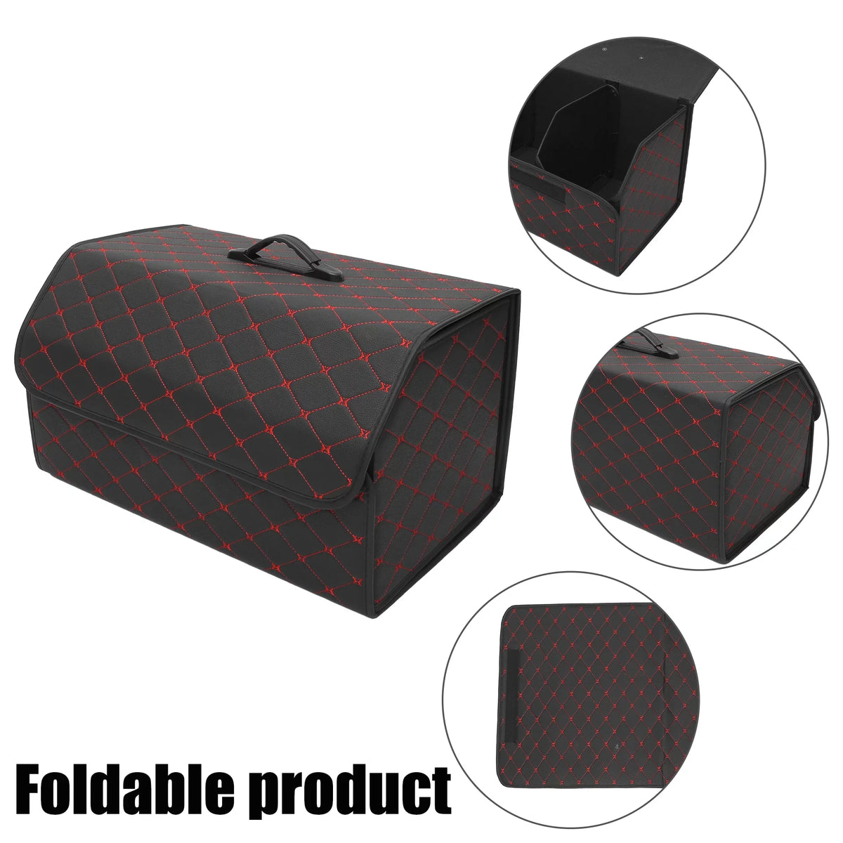 54x31x29cm Black  Leather Car Storage Bag Trunk Organiser Foldable Boot Bag with Handle for Truck  Red Stitches