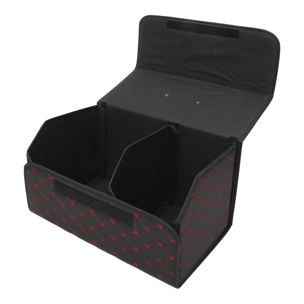 54x31x29cm Black  Leather Car Storage Bag Trunk Organiser Foldable Boot Bag with Handle for Truck  Red Stitches