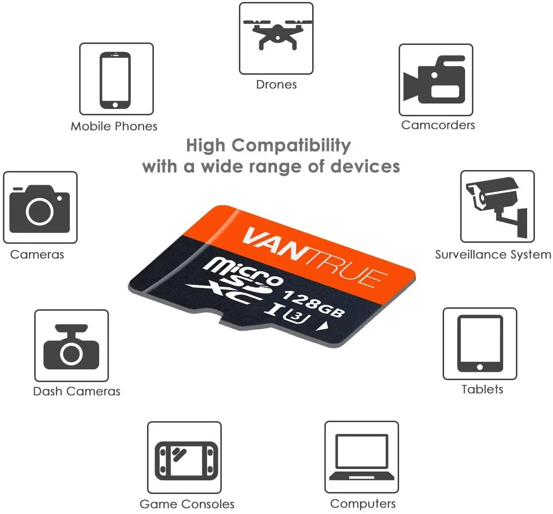 Vantrue 128GB   Class 10 MicroSDXC - 4K  Video Monitoring Memory Card with Adapter for Dash Cams, Body Cams, Action Camera, Other Surveillance & Security Cams