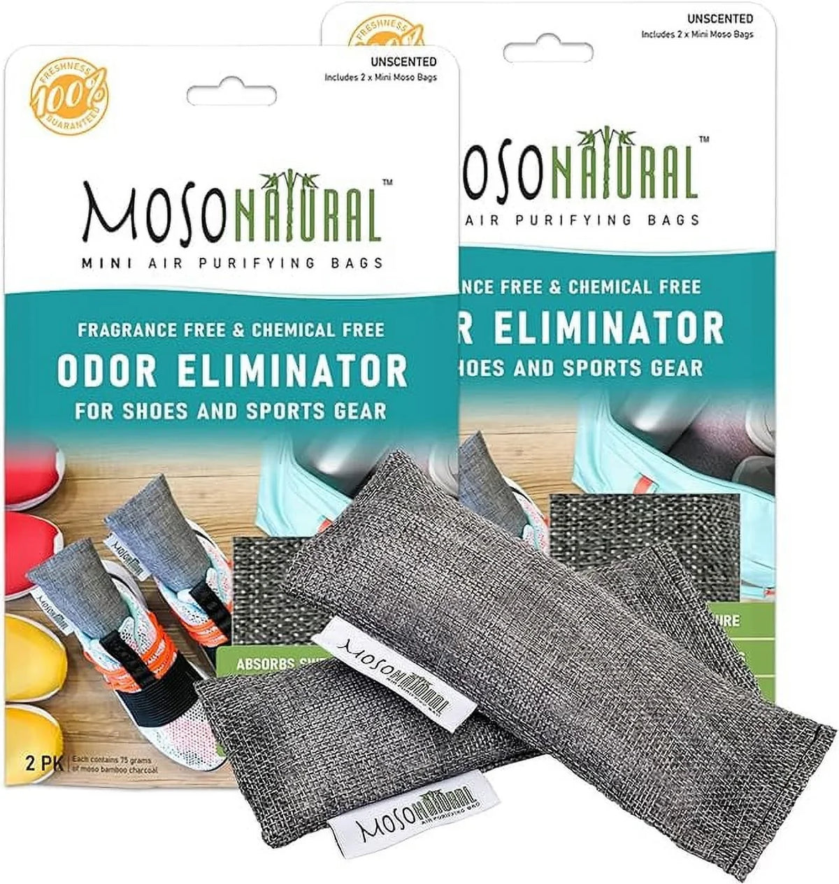 Moso Natural Mini Air Purifying Bags.  Scent Free Odor Eliminator for Shoes, Gym Bags and Sports Gear. Premium Moso Bamboo Charcoal Odor Absorber. (Two Packs of Two 75g Bags) 2 Year Lifespan!