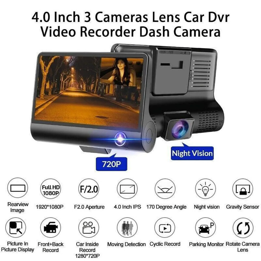 Car Dual Lens Dash Cam 1080P 4"   Front/Rear/Built-In Video Camera Driving Recorder -Sensor, Motion Detection and Parking Monitoring