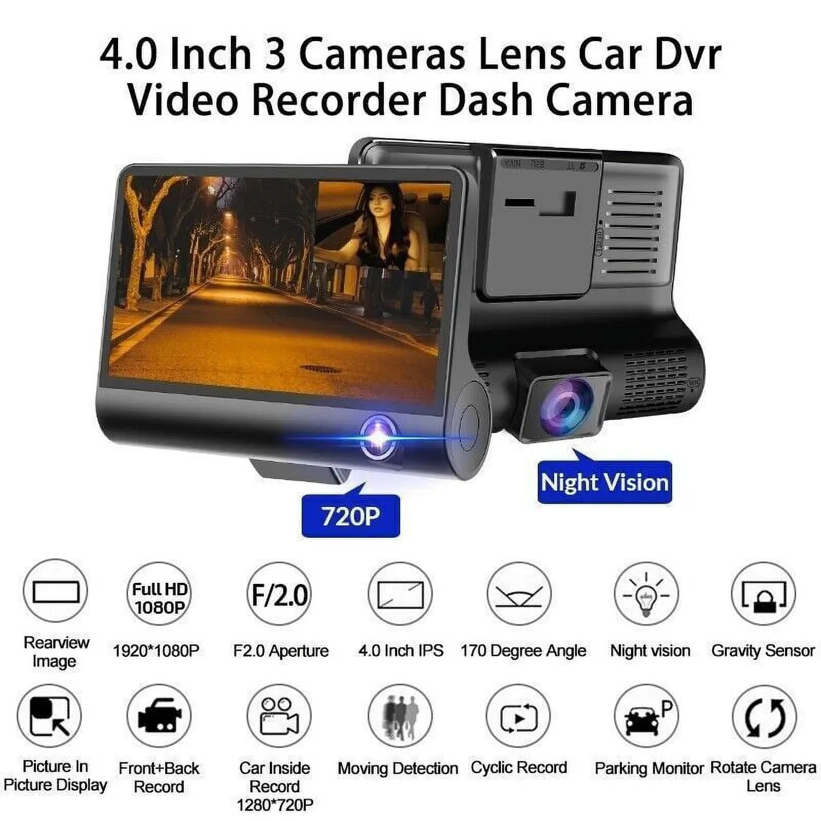 Car Dual Lens Dash Cam 1080P 4"   Front/Rear/Built-In Video Camera Driving Recorder -Sensor, Motion Detection and Parking Monitoring