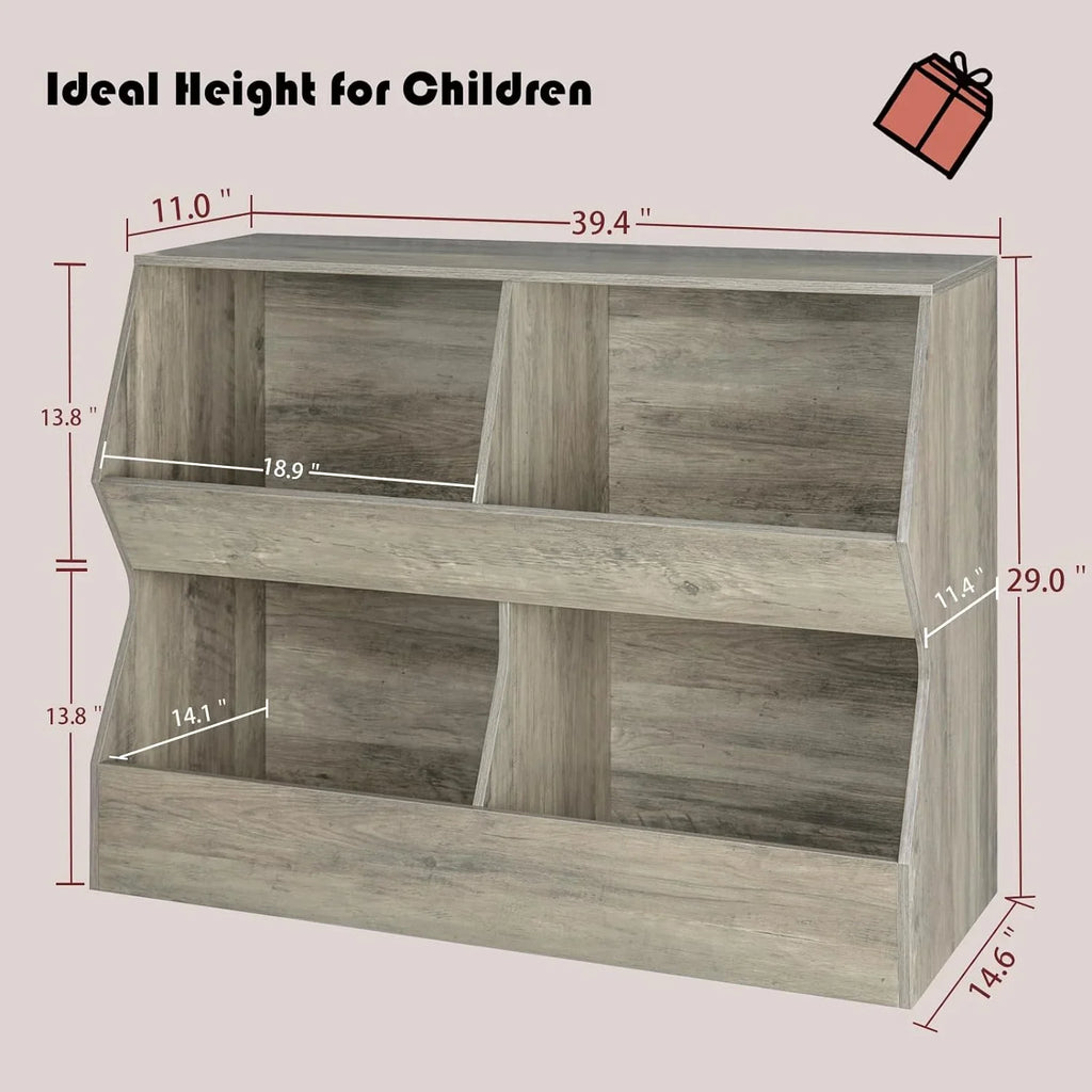 Kids , Toy Storage Organizer, Wooden Toy Storage Cabinet, 4 Cubby Children Bookcase, Toddler Book Toy Shelf for Bedroom, Nursery, Hallway, School, 39.4" Long, Gray Wash