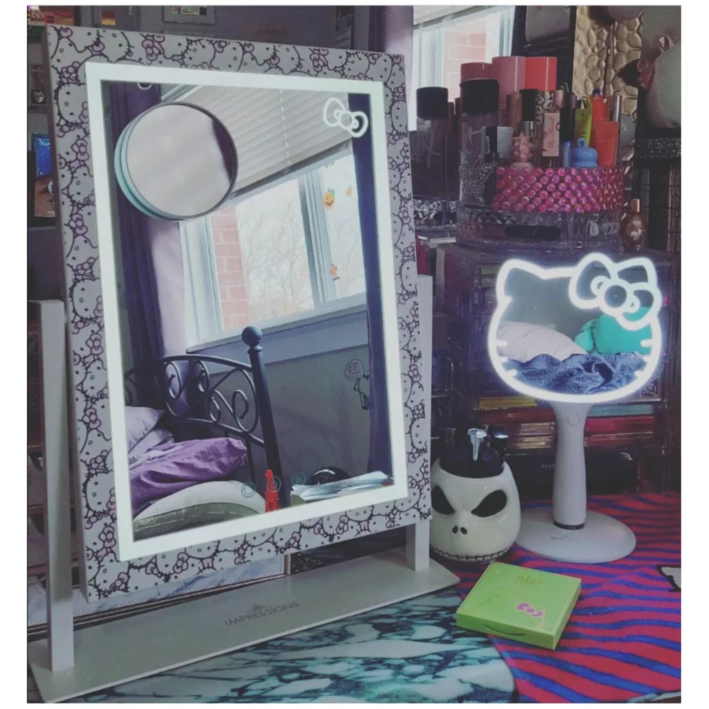 Impressions Vanity Hello Kitty Cute Tri Tone  Makeup Mirror, Lighted Vanity Mirror with Lights and 3X Magnification, 360 Degree Swivel Mirror with Touch and Iron Quality Frame (White)