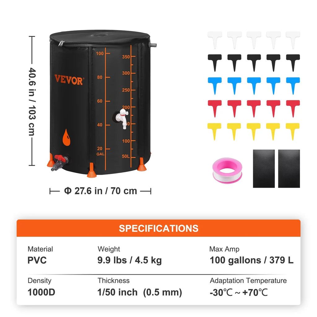 Collapsible Rain Barrel, 100 Gallon Large Capacity,  Rainwater Collection System Including Spigots and Overflow Kit, Portable Water Tank Storage Container