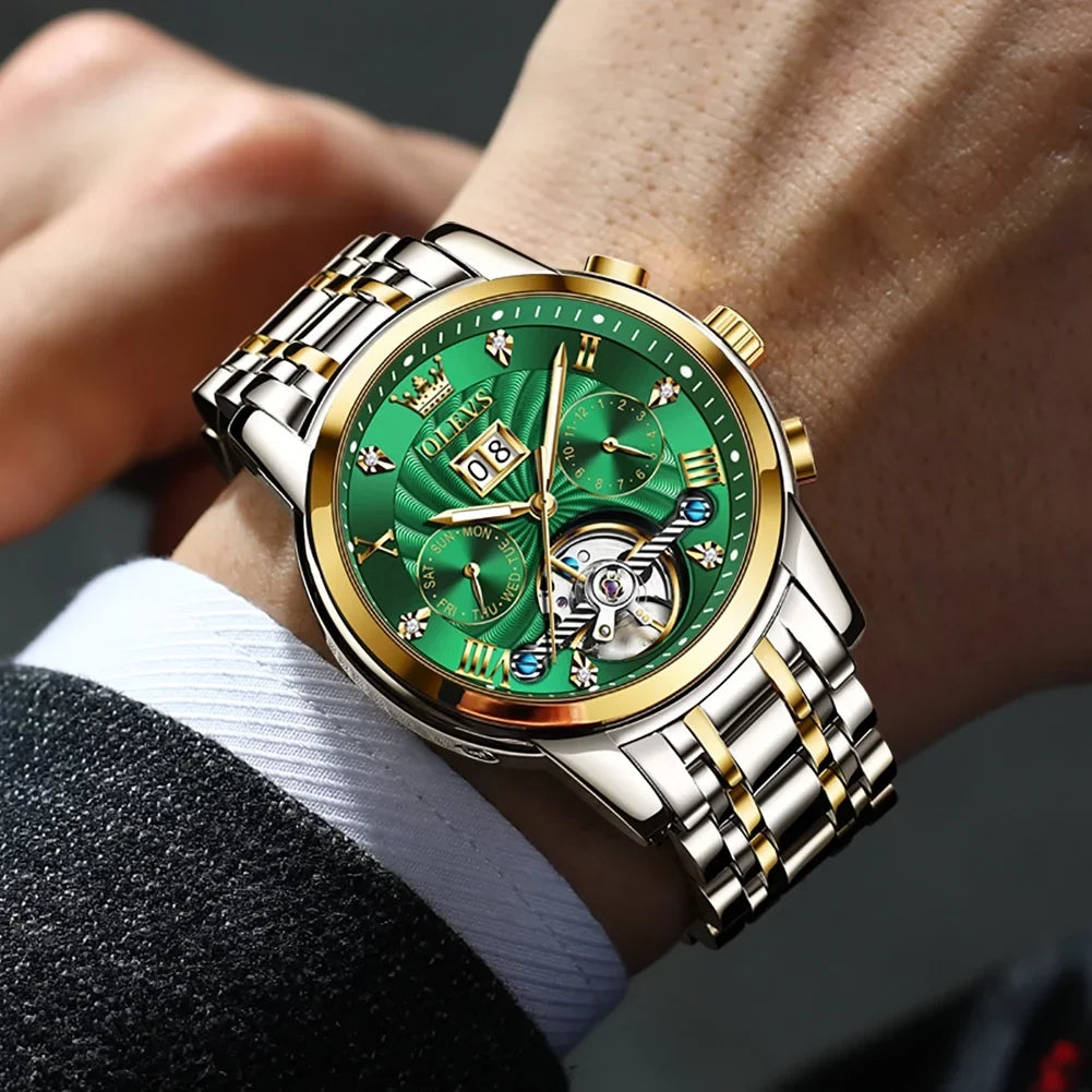 Automatic Watches for Men Luxury Business Dress Mens Watches Diamond Skeleton Self-Winding Stainless Steel Band