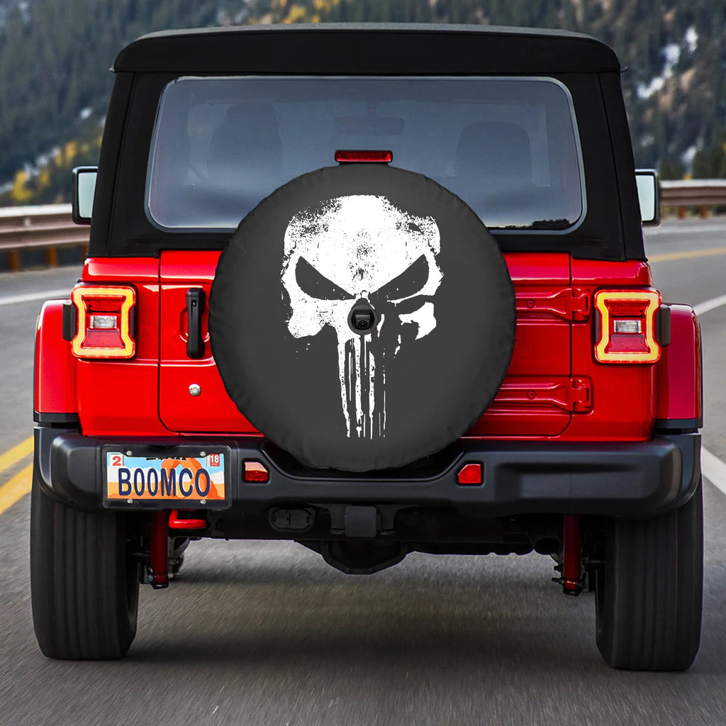 Boomerang - 32" Soft  Tire Cover for Jeep  Wrangler (w/ back-up camera) (2018-2020) - Sport & Sahara - Distressed Punisher Skull