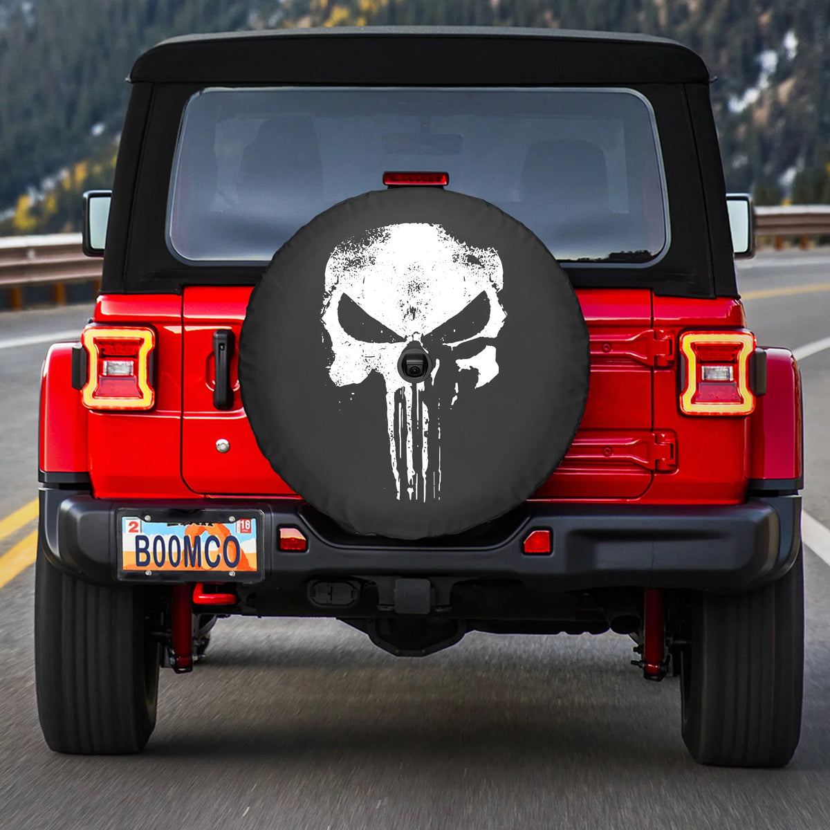 Boomerang - 32" Soft  Tire Cover for Jeep  Wrangler (w/ back-up camera) (2018-2020) - Sport & Sahara - Distressed Punisher Skull