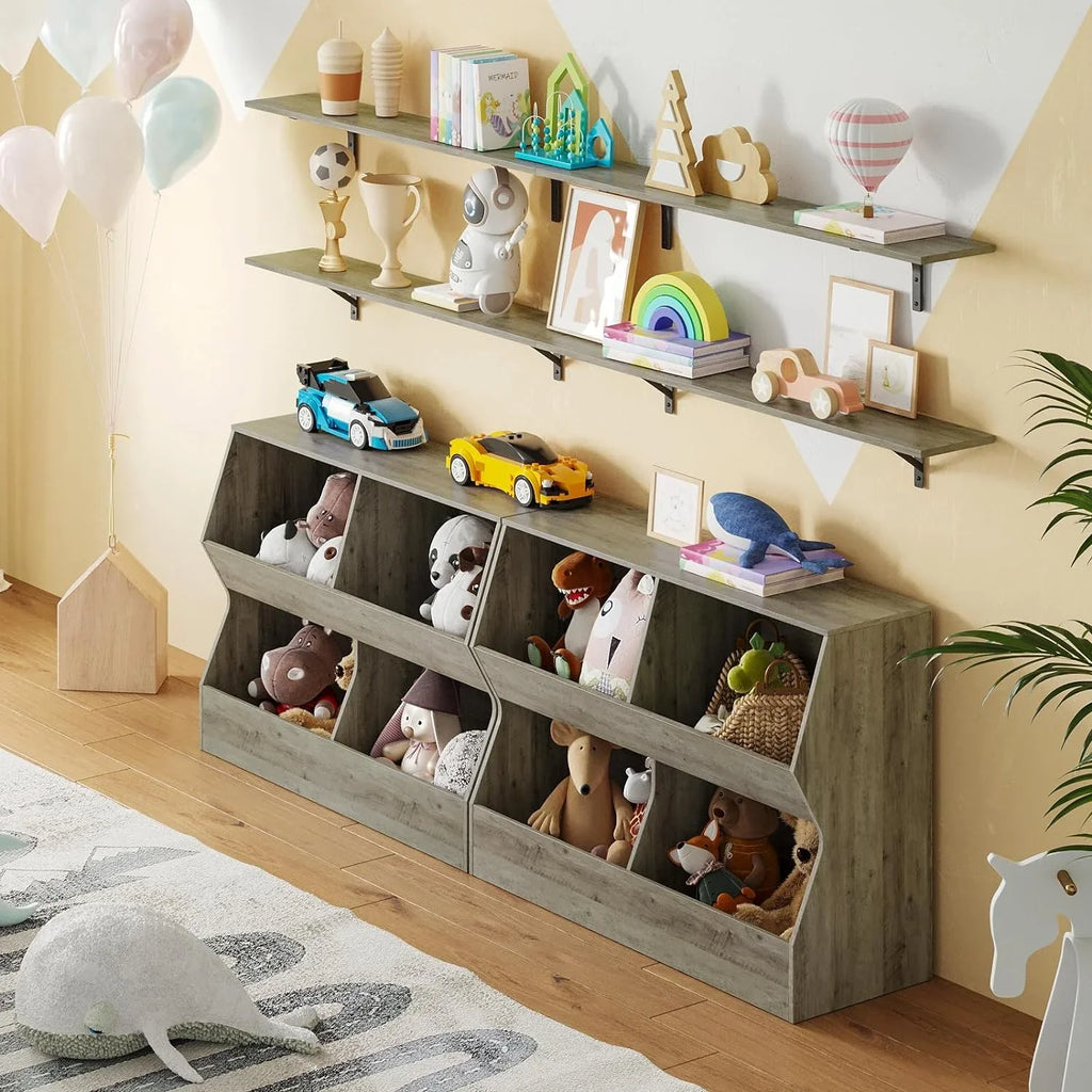 Kids , Toy Storage Organizer, Wooden Toy Storage Cabinet, 4 Cubby Children Bookcase, Toddler Book Toy Shelf for Bedroom, Nursery, Hallway, School, 39.4" Long, Gray Wash