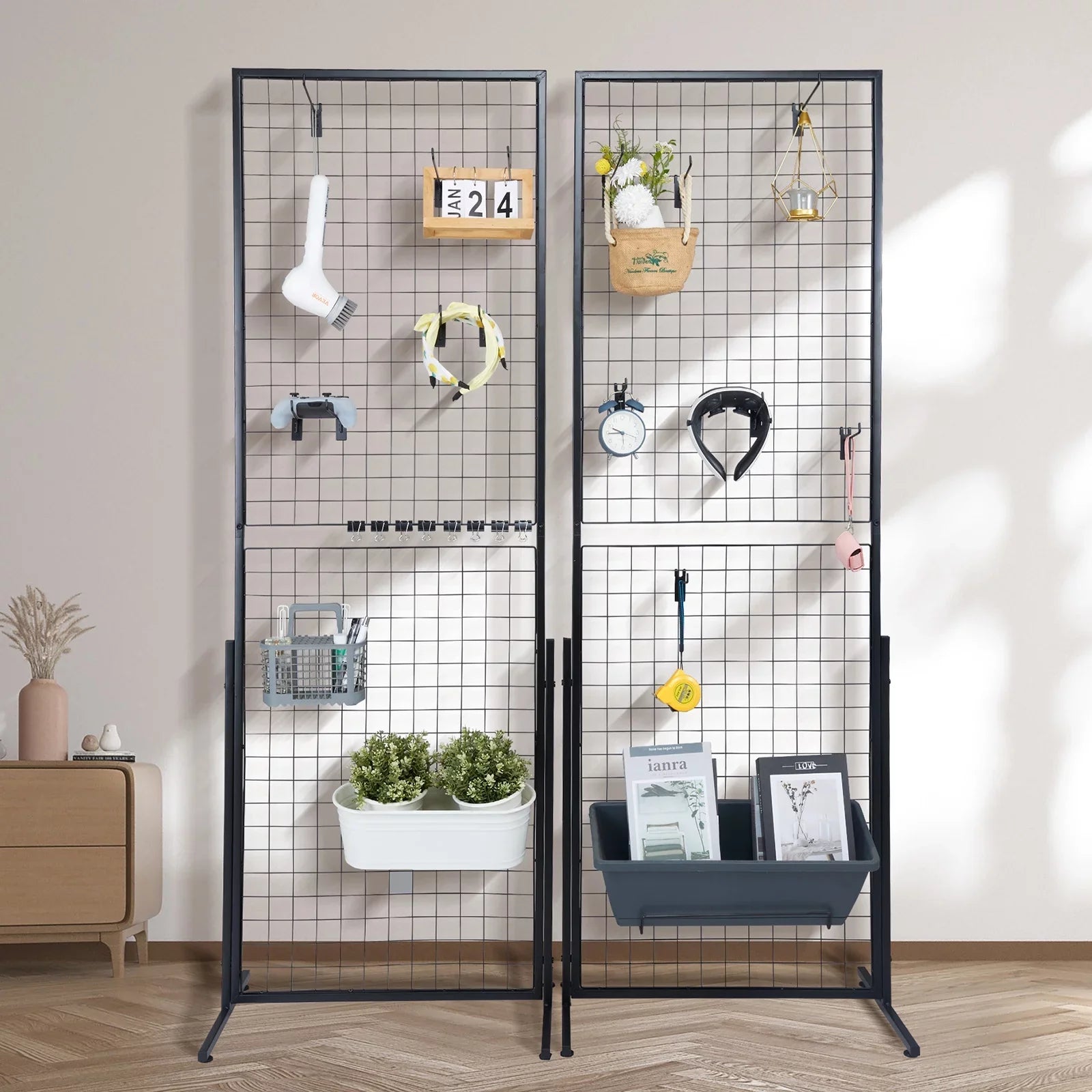 2' x 5.6' Grid Wall Panels Tower, 2 Packs Wire Gridwall Display Racks with -Base Floorstanding, Double Side Gridwall Panels for Art Craft Shows, Retail Display with Extra Clips and Hooks
