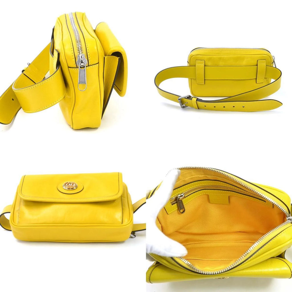 Pre-Owned Gucci  waist bag belt interlocking  leather yellow silver unisex 598080 (Good)
