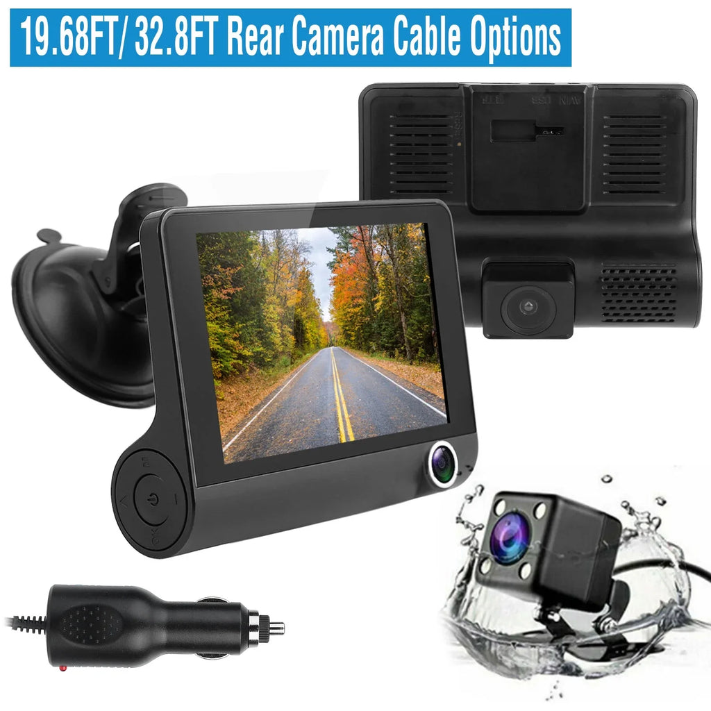 iMounTEK Car Recorder,  1080P 4in Touch Screen Car  Dash Camera 3 Lens Vehicle Driving Recorder Seamless Loop Recording with 32.8ft Rear Camera Wire, Black