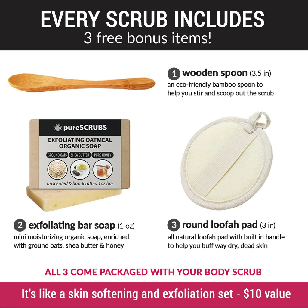 pureSCRUBS Premium Pink Himalayan Salt Body Scrub Set- Large 16oz    - Infused With Organic Essential Oils & Nutrients +  Wooden Spoon, Loofah & Mini Exfoliating Bar Soap