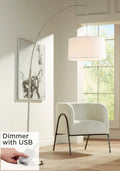 360 Lighting Modern Arc Floor Lamp with  Charging Port 72" Tall Brushed Nickel White Drum Shade for Living Room Reading House