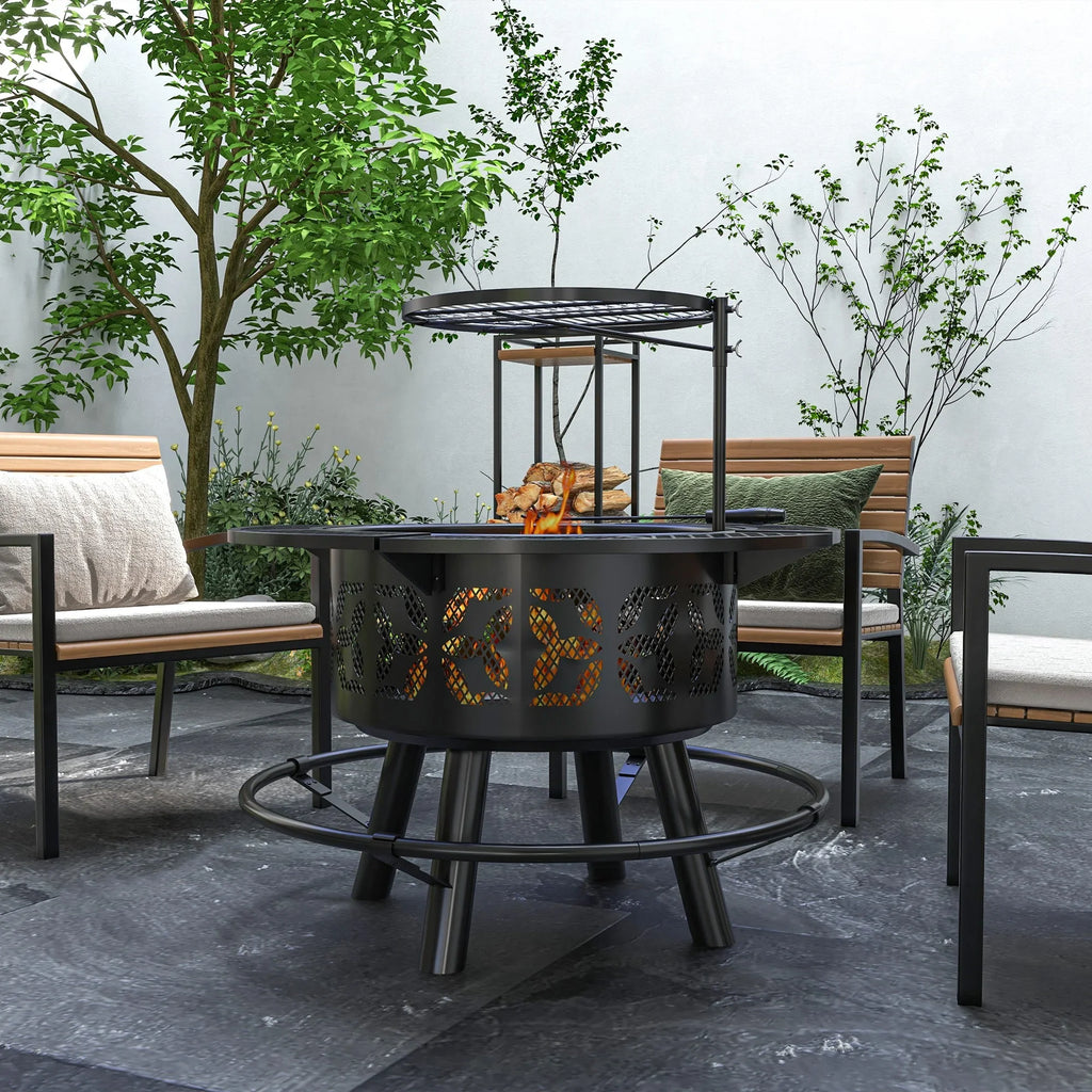 Capri 33" Outdoor Fire Pit  Grill Wood Burning Firepit with Adjustable Cooking Grate and Poker, Round, for Backyard, Patio, Picnic, Black