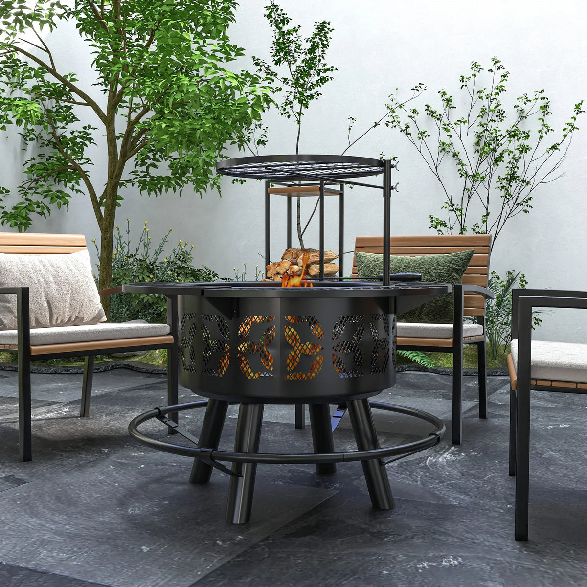 Capri 33" Outdoor Fire Pit  Grill Wood Burning Firepit with Adjustable Cooking Grate and Poker, Round, for Backyard, Patio, Picnic, Black