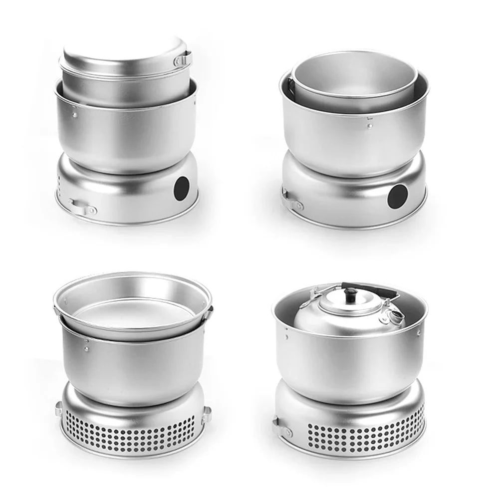 Htovila Camping Stove Kit, 10pcs Camping Pot Pan Stove Set for Cooking Backpacking, Portable Kitchenware for  Adventures