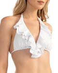 Shoshanna Womens Ruffled Halter Bikini Top Swimwear White Size /