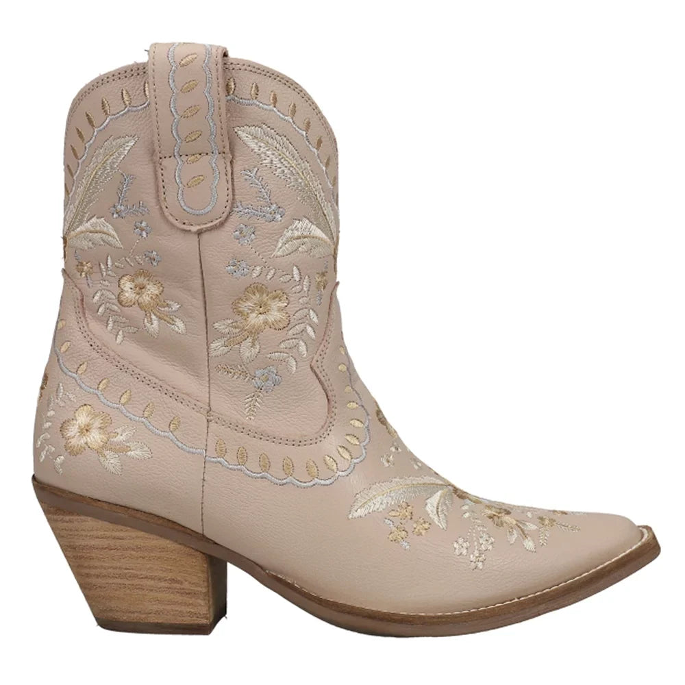 Dingo  Womens Primrose Embroidered Floral Snip Toe   Casual Boots   Ankle Mid Heel 2-3"