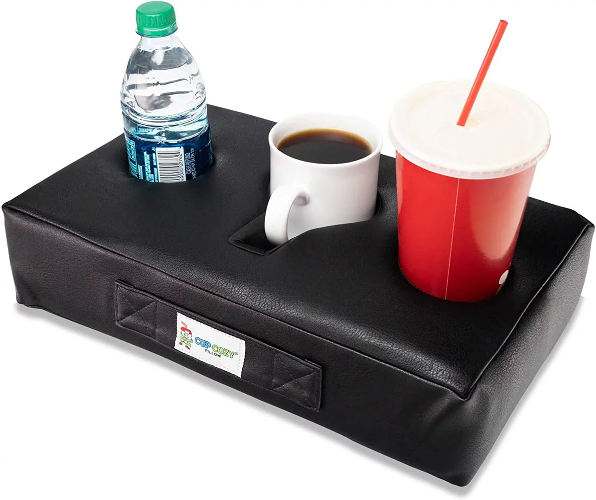 Cup Cozy Pillow (Black Faux Leather) *As Seen on *- The World's  Cup Holder. Keep drinks close and prevent spills. Use it anywhere-Couch, floor, bed, man cave, car, , park, beach and more!