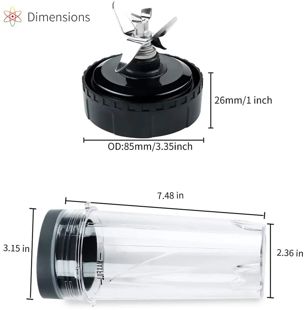 Enbizio Replacement Parts for Nutri Ninja Blender 6 Fins Blade Assembly and 2 Pack 16 oz Cup Set for    (3.35 inch)