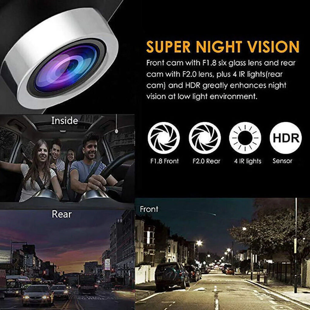 Car Dual Lens Dash Cam 1080P 4"   Front/Rear/Built-In Video Camera Driving Recorder -Sensor, Motion Detection and Parking Monitoring