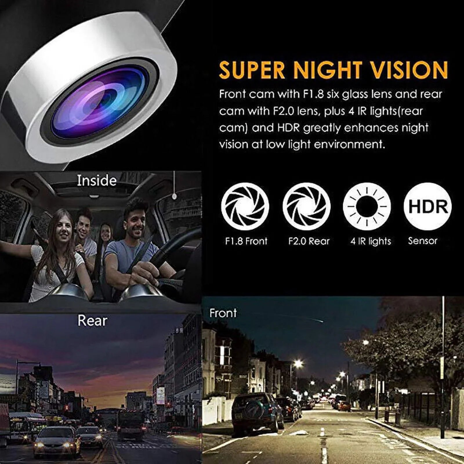 Car Dual Lens Dash Cam 1080P 4"   Front/Rear/Built-In Video Camera Driving Recorder -Sensor, Motion Detection and Parking Monitoring