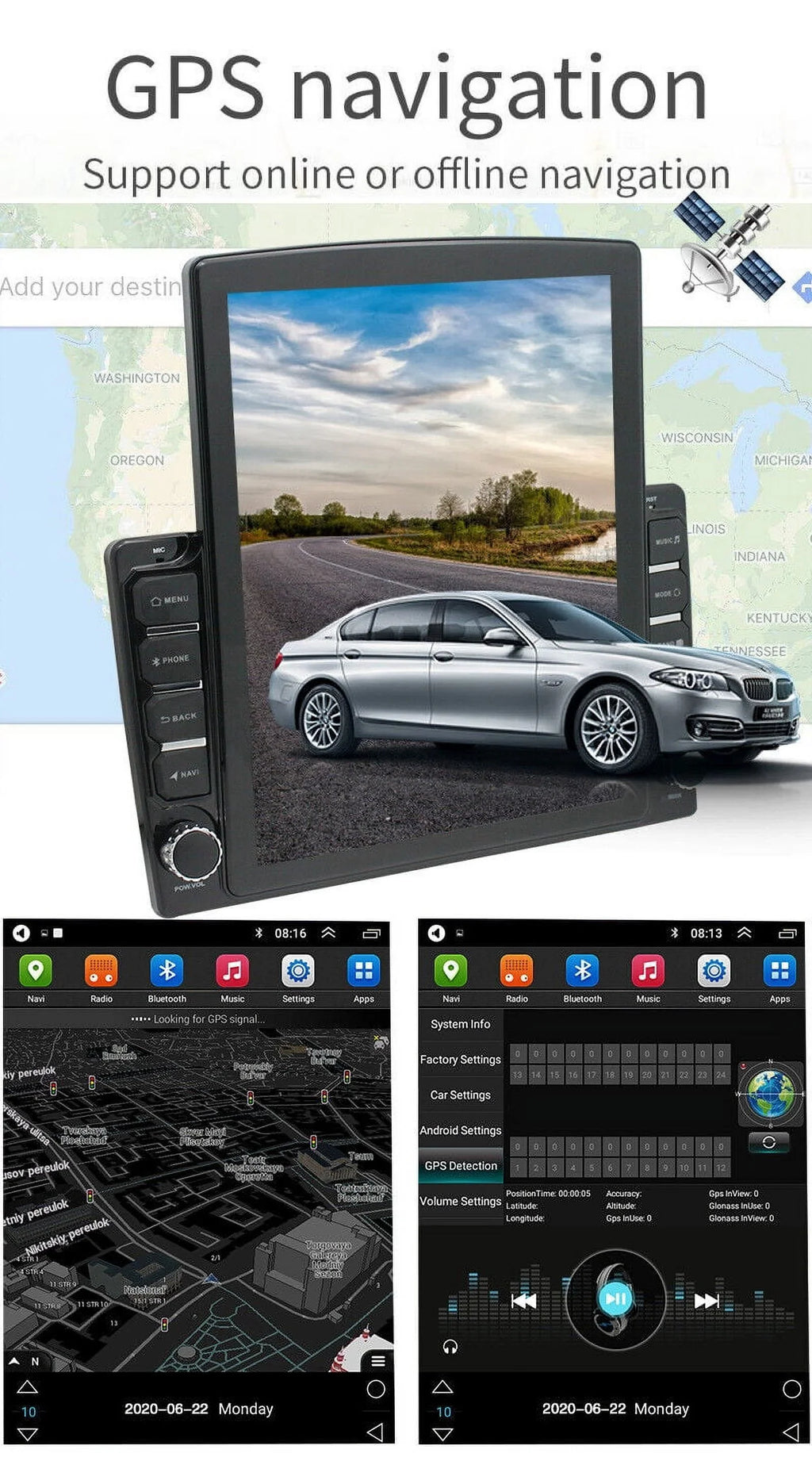 KingFurt Universal Car Stereo 9.7" Touch Screen Bluetooth Music  Radio  Navigation Reversing Camera Input